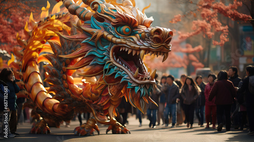 Dragon dance parade for Chinese culture for year of the dragon. Concept of costume, party, celebration, Chinese culture. photo