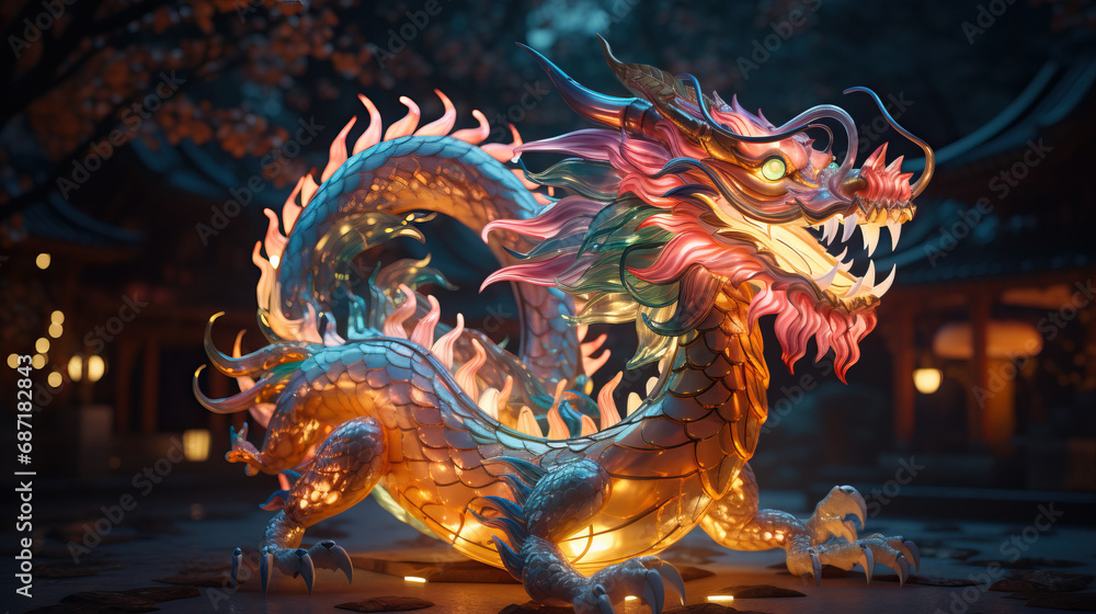 Glowing dragon statue for the Year of the Dragon. Concept of Illuminated Celebrations