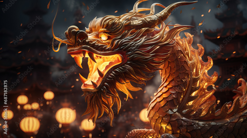 Glowing Chinese dragon statue for the Year of the Dragon. Concept of Illuminated Celebrations. Glowing Chinese dragon statue for the Year of the Dragon. Concept of Illuminated Celebrations.