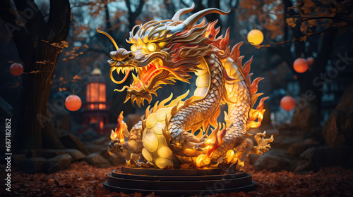 Glowing dragon statue for the Year of the Dragon. Concept of Illuminated Celebrations © Lila Patel
