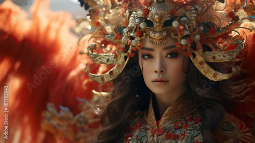 Person in costume for parade for year of the dragon. Concept of Person in costume for a parade for the Year of the Dragon. Concept of Festive Celebrations, Cultural Parades.