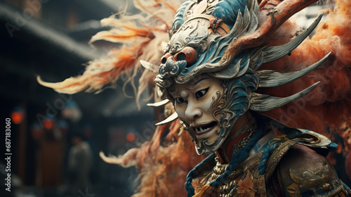 Dragon face mask. Person in costume for parade for year of the dragon. Concept of Dragon face mask. Person in costume for a parade for the Year of the Dragon. Concept of Festive Celebrations.
