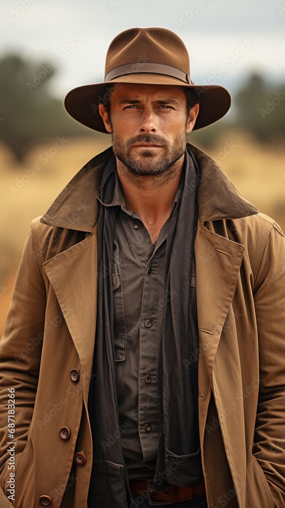 Man in a poncho and brown fedora standing in a field .
