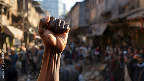 Raised fist of a black person in protest against war and revolution. Crowd fighting and protesting in the streets with fists raised against racism and racial discrimination, freedom, justice and peace © JMarques