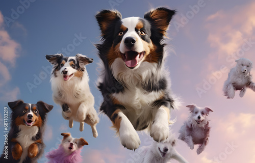 Cute happy pets dogs jumping  flying on studio background
