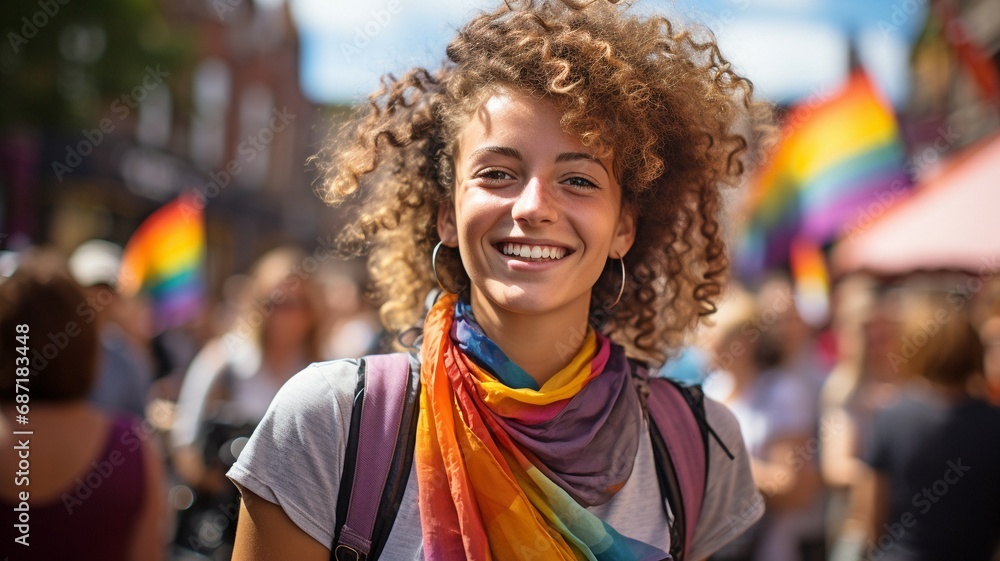 Fototapeta premium LGBT Pride Festival: a nonbinary gender student wearing a rainbow flag on their face.