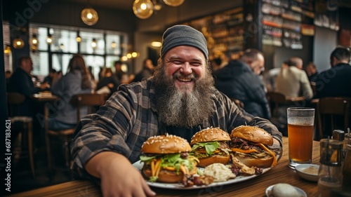 An image shows a ravenous man in a metropolitan cafe, devouring a burger.