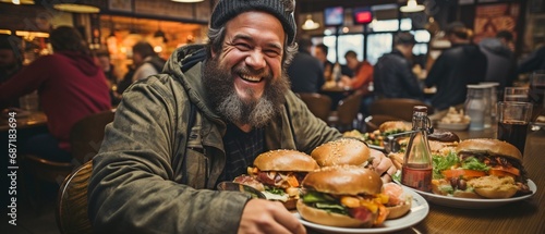 An image shows a ravenous man in a metropolitan cafe  devouring a burger.