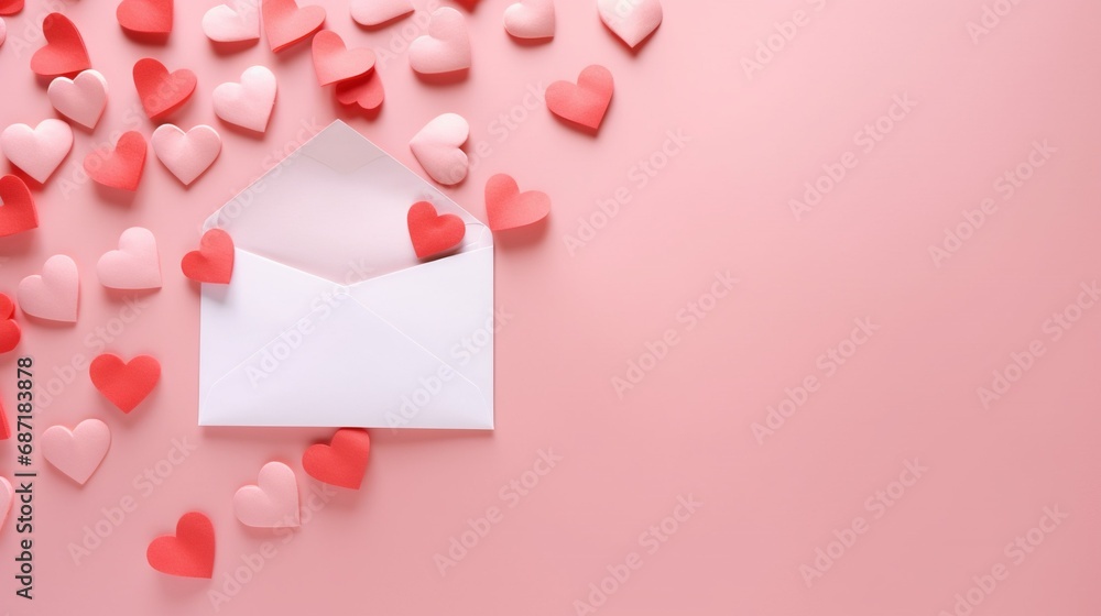 Love letter envelope with paper craft hearts - flat lay on pink valentines or anniversary background with copy space