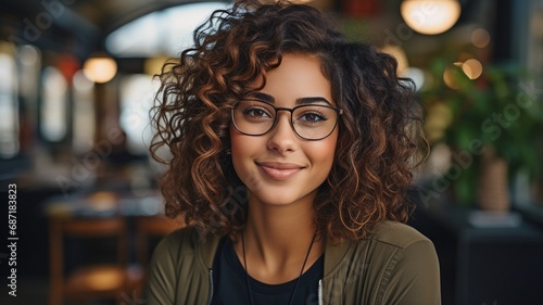 A coffeehouse with a portrait of a woman wearing spectacles who is facing the camera. photo