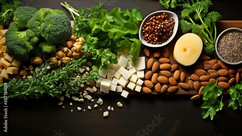 Vegetables, tofu, nuts, seeds, and legumes are shown in top view against a dark background as vegetarian protein. Idea: Clean, healthful food. Copy the area.