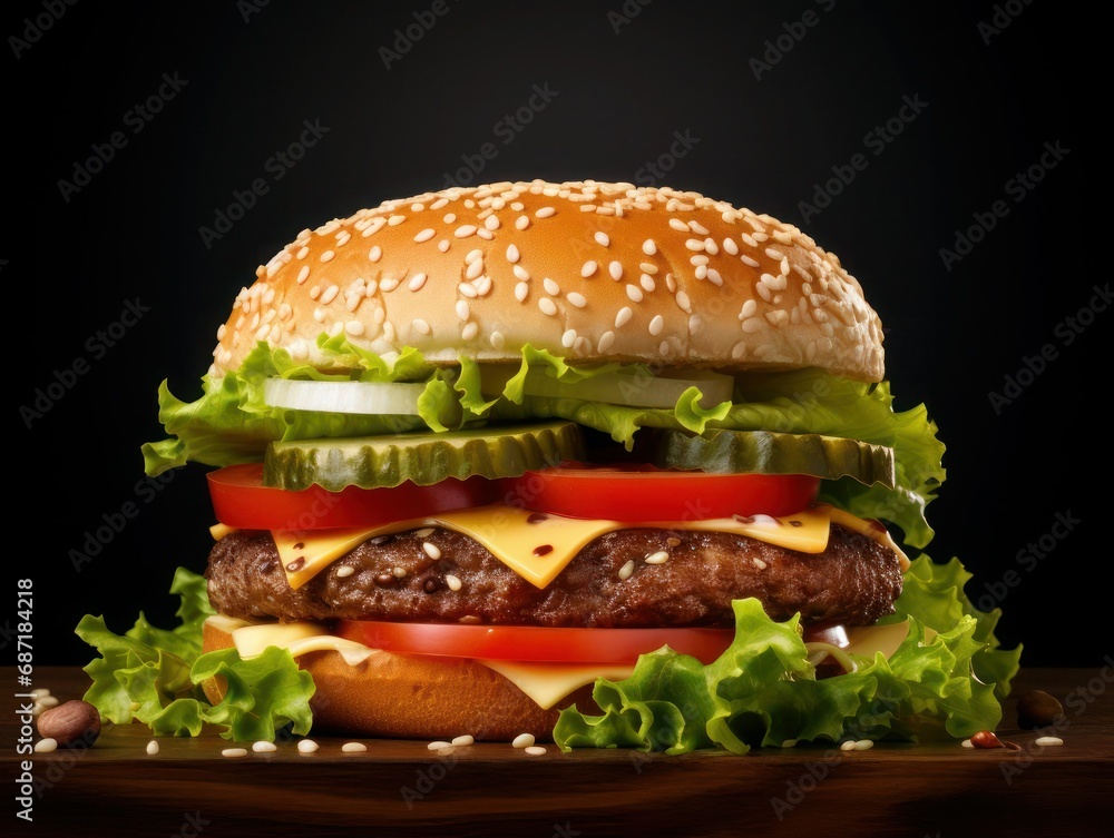 Traditional gorgeous delicious hamburger on black surface, close-up. Traditional gorgeous delicious hamburger on black surface, close-up.