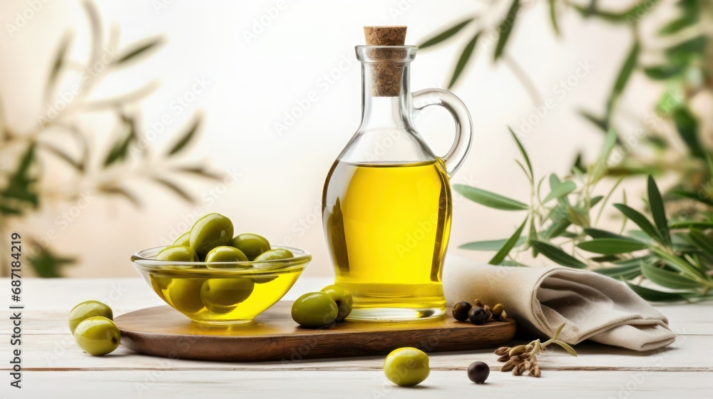 Beautiful set of olive oil in a glass bottle and green olives with leaves on a wooden background, Provence style. Beautiful set of olive oil in a glass bottle and green olives with leaves on a wooden background, Provence style.