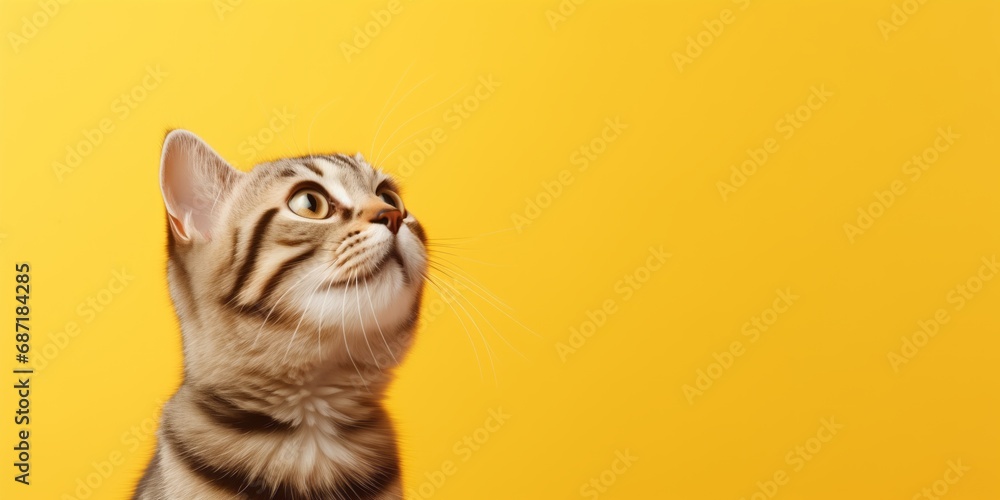 Curious Cat Looks Up Against Bright Yellow Background, a Playful Feline in Minimalistic Setting Curious Cat Looks Up Against Bright Yellow Background, a Playful Feline in Minimalistic Setting