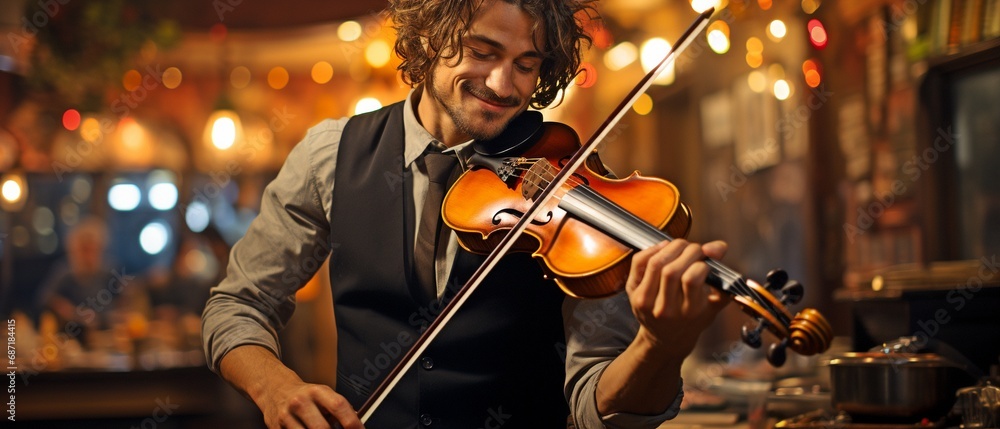 Fototapeta premium A violinist in a jacket performs a musical piece in a pub or restaurant..