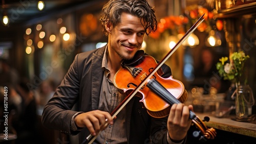 A violinist in a jacket performs a musical piece in a pub or restaurant..