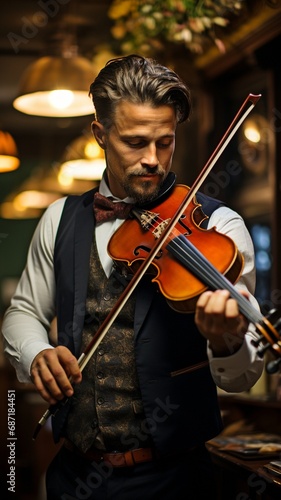 A violinist in a jacket performs a musical piece in a pub or restaurant..
