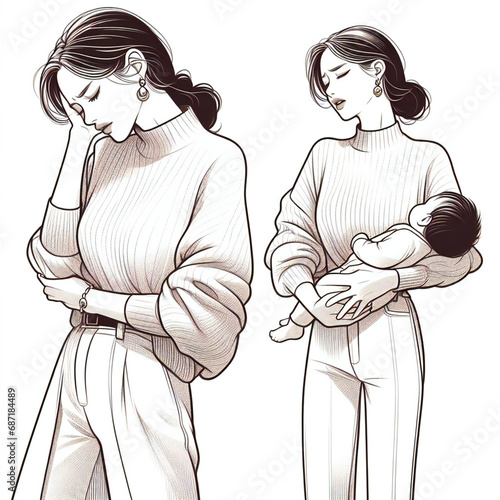 体調の優れない赤ちゃんを抱っこする産後の美人ママのイラスト photo