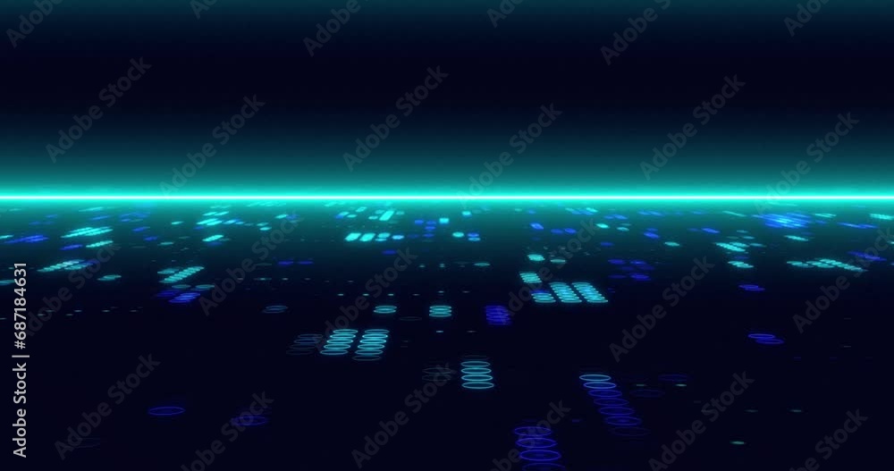 Digital dots and circles background coming from neon blue color horizon line. digital circles and dot pattern grid motion background. Digital dots and circles background coming from neon blue color horizon line. digital circles and dot pattern grid motion background.