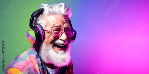 Un vieil homme senior, heureux qui écoute de la musique au casque