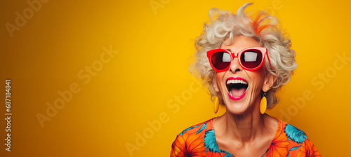 Photographie Une femme senior, heureuse et souriante, arrière-plan coloré uni
