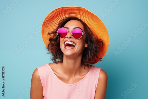 Une belle femme heureuse et souriante, arrière-plan coloré uni