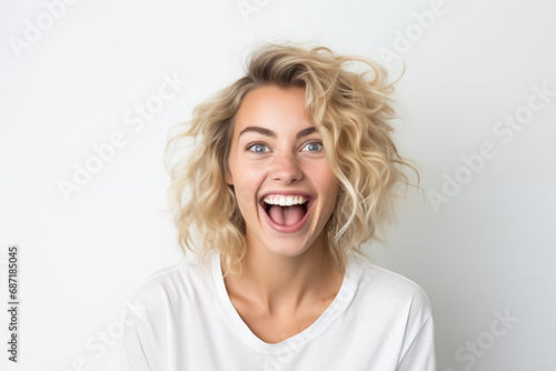 Une belle femme heureuse et souriante, arrière-plan blanc photo