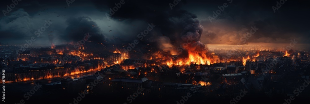 War and destroyed city with burning fire and smoke from earthquake, bomb explosion. Modern abandoned city devastated by explosion and chaos. Apocalypse concept. Doomsday, end of the world  - obrazy, fototapety, plakaty 