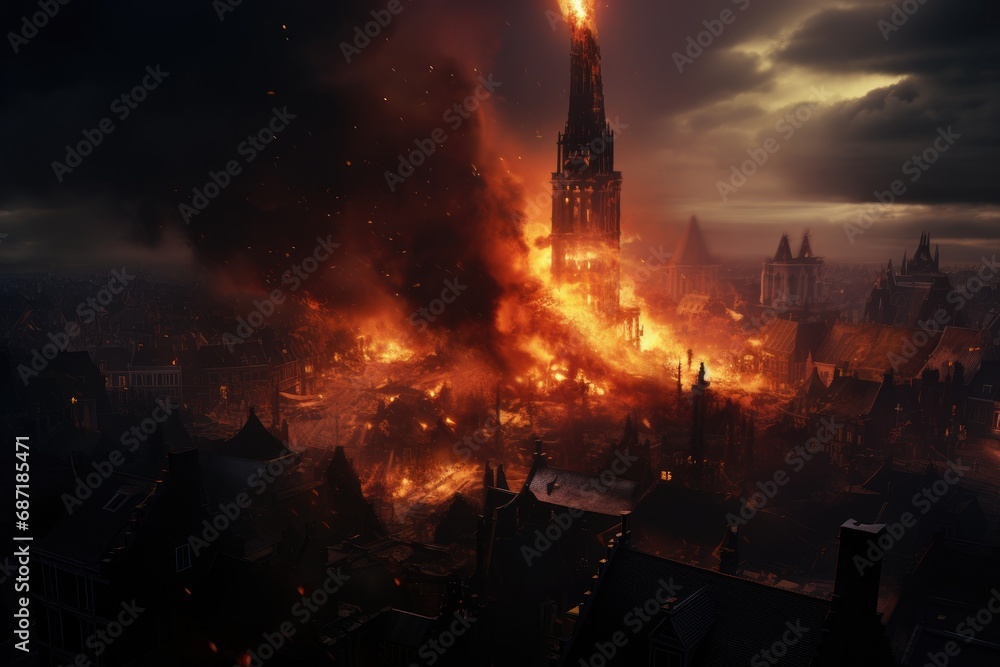 War and destroyed city with burning fire and smoke from earthquake, bomb explosion. Modern abandoned city devastated by explosion and chaos. Apocalypse concept. Doomsday, end of the world War and destroyed city with burning fire and smoke from earthquake, bomb explosion. Modern abandoned city devastated by explosion and chaos. Apocalypse concept. Doomsday, end of the world