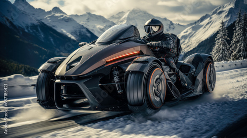 Prototype Concept of a Futuristic High-Speed Vehicle Driving over a Snow-Covered Landscape in the snow-covered Mountains in the Alps Brainstorming Background Cover Poster Digital Art Backdrop