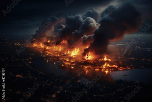 War and destroyed city with burning fire and smoke from earthquake, bomb explosion. Modern abandoned city devastated by explosion and chaos. Apocalypse concept. Doomsday, end of the world 