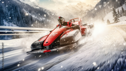 Prototype Concept of a Futuristic High-Speed Vehicle Driving over a Snow-Covered Landscape in the snow-covered Mountains in the Alps Brainstorming Background Cover Poster Digital Art Backdrop © Korea Saii