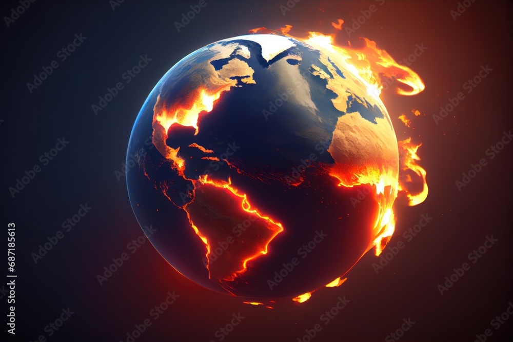 Planet Earth, part on fire and melting, concept of ecology problems, climate change, global warming, and rising temperatures, environmental awareness Planet Earth, part on fire and melting, concept of ecology problems, climate change, global warming, and rising temperatures, environmental awareness