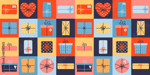 Colorful Merry Christmas or Happy Birthday seamless pattern with gift boxes for wrapping, pack paper.