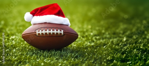 Close up of rugby ball and Santa cap on green grass.