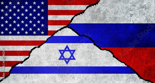 USA vs Israel vs and Russia flag together. Relations between Russia, Israel and United States of America
