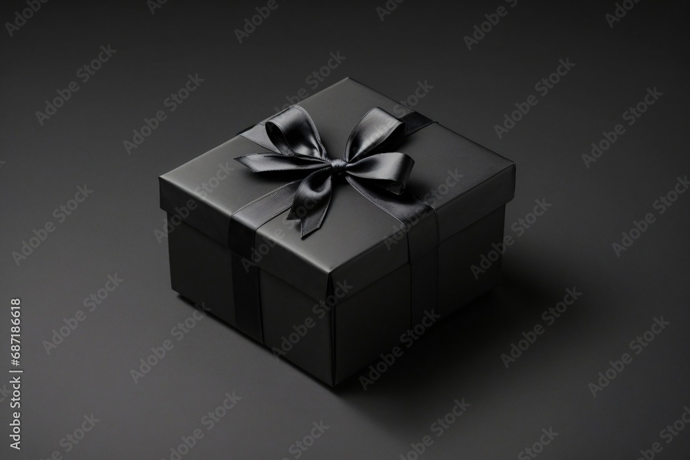Blank open black present box or top view of black gift box with black ribbons and bow isolated on dark background with shadow minimal - black friday theme. Blank open black present box or top view of black gift box with black ribbons and bow isolated on dark background with shadow minimal - black friday theme.