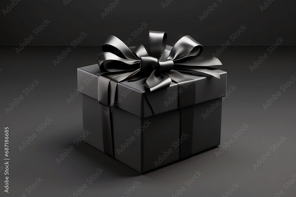 Blank open black present box or top view of black gift box with black ribbons and bow isolated on dark background with shadow minimal - black friday theme. Blank open black present box or top view of black gift box with black ribbons and bow isolated on dark background with shadow minimal - black friday theme.
