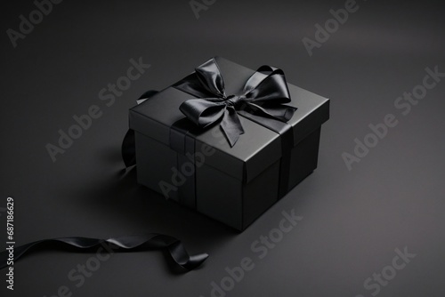 Blank open black present box or top view of black gift box with black ribbons and bow isolated on dark background with shadow minimal - black friday theme.