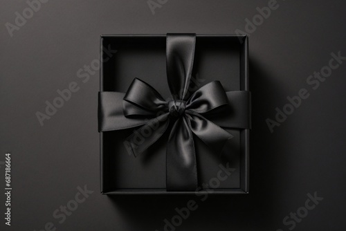 Blank open black present box or top view of black gift box with black ribbons and bow isolated on dark background with shadow minimal - black friday theme.