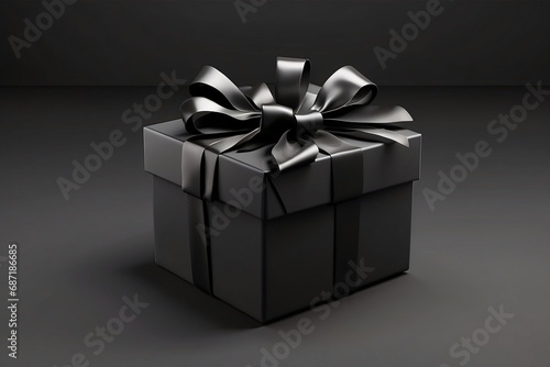 Blank open black present box or top view of black gift box with black ribbons and bow isolated on dark background with shadow minimal - black friday theme. © kapros76