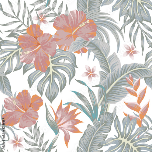 Tropical vintage hibiscus flower  palm leaves Hawaiian floral seamless pattern white background. Exotic jungle wallpaper.