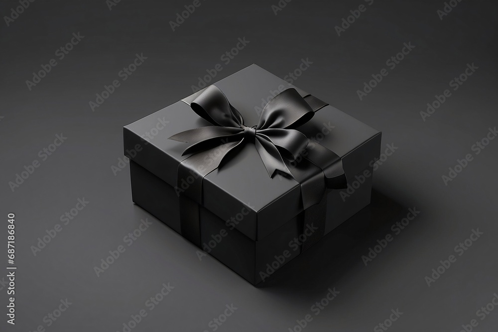 Blank open black present box or top view of black gift box with black ribbons and bow isolated on dark background with shadow minimal - black friday theme. Blank open black present box or top view of black gift box with black ribbons and bow isolated on dark background with shadow minimal - black friday theme.