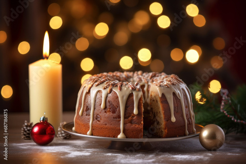 Delicious Christmas cake with anise, raisins and white sweet cream on wooden table