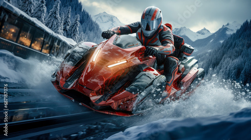 Prototype Concept of a Futuristic High-Speed Vehicle Driving over a Snow-Covered Landscape in the snow-covered Mountains in the Alps Brainstorming Background Cover Poster Digital Art Backdrop 