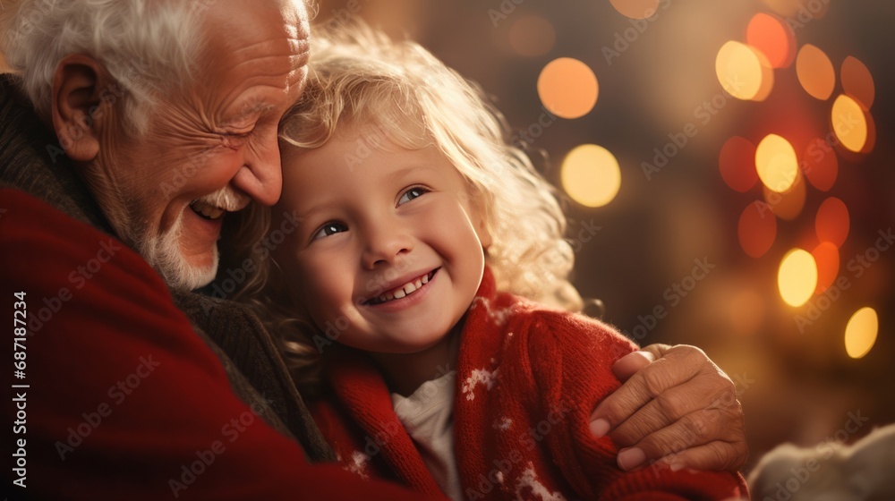 Portrait of a happy elderly grandfather hugging his grandson at home with festive lights. A cozy family holiday Portrait of a happy elderly grandfather hugging his grandson at home with festive lights. A cozy family holiday