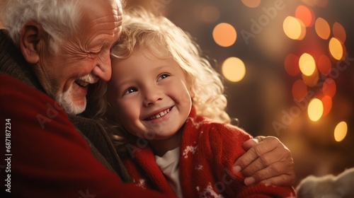 Portrait of a happy elderly grandfather hugging his grandson at home with festive lights. A cozy family holiday