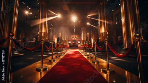 A red carpet lined with golden stanchions photo