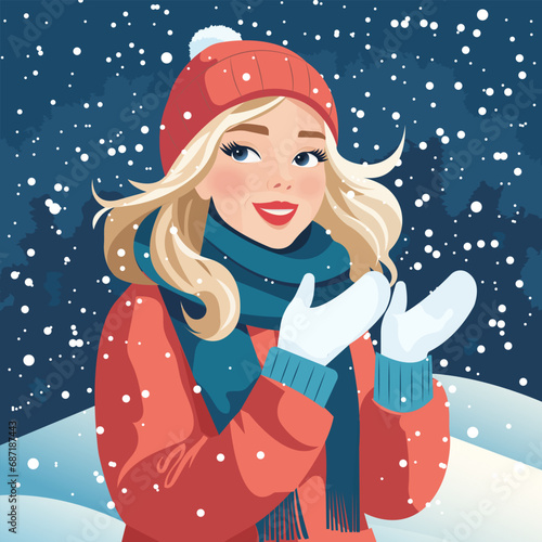 Vector cartoon illustration, happy blonde girl in warm winter clothes catches falling snowflakes with her hands. Cozy winter season.
