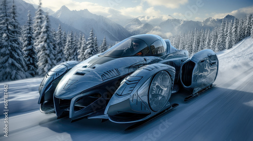 Prototype Concept of a Futuristic High-Speed Vehicle Driving over a Snow-Covered Landscape in the snow-covered Mountains in the Alps Brainstorming Background Cover Poster Digital Art Backdrop 